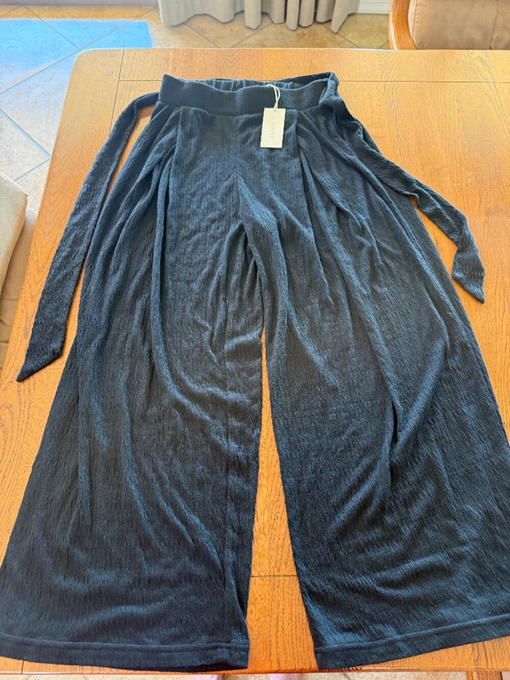 Z Supply Isla Pucker Knit Pants Black Wide Leg Tie Waist Size S NWT
